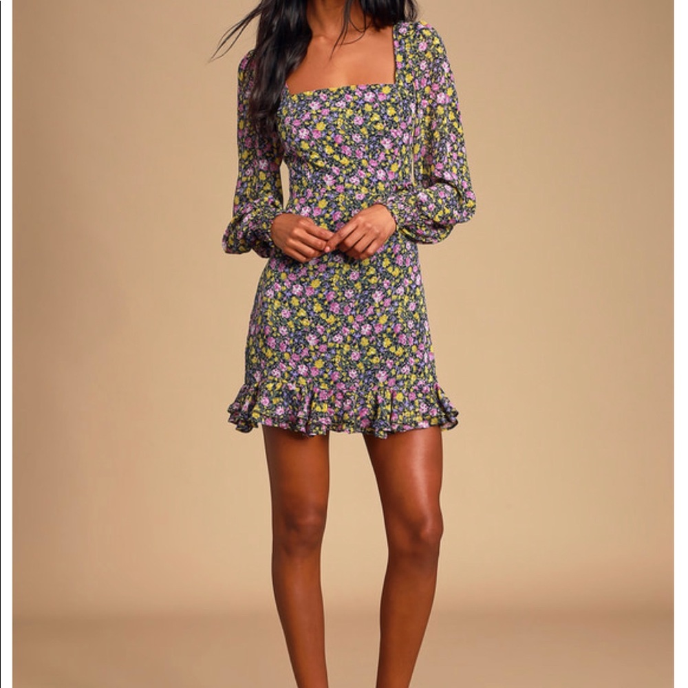 Lulus Bouquet Beauty Navy Blue Floral Print Square Neck Mini Dress